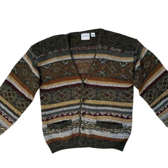 Vintage Prima Maglia Cardigan Mens LG Striped Grandpa Dad Wool Blend 90s Sweater - Picture 2 of 16